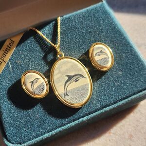 Vintage Barlow Dolphin Pendant Necklace & Earrings Set for Pierced Ears + Box